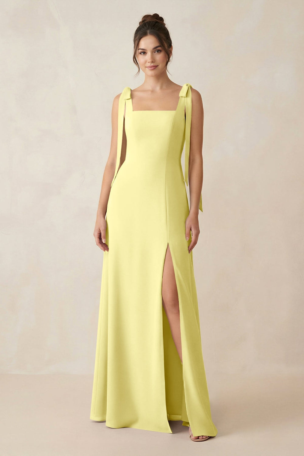 Square Neck Sheath Chiffon Bridesmaid Dress with Bow in Buttercup - KissProm Bridesmaid Dresses