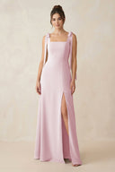 Square Neck Sheath Chiffon Bridesmaid Dress with Bow in Candy Pink - KissProm Bridesmaid Dresses