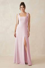 Square Neck Sheath Chiffon Bridesmaid Dress with Bow in Candy Pink - KissProm Bridesmaid Dresses