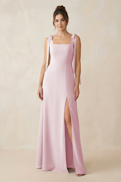 Square Neck Sheath Chiffon Bridesmaid Dress with Bow in Candy Pink - KissProm Bridesmaid Dresses