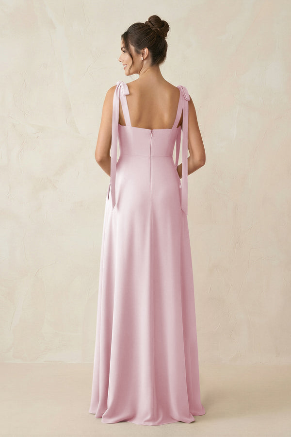 Square Neck Sheath Chiffon Bridesmaid Dress with Bow in Candy Pink - KissProm Bridesmaid Dresses
