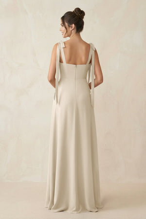 Square Neck Sheath Chiffon Bridesmaid Dress with Bow in Champagne - KissProm Bridesmaid Dresses