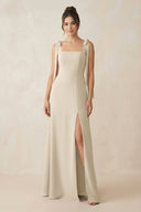 Square Neck Sheath Chiffon Bridesmaid Dress with Bow in Champagne - KissProm Bridesmaid Dresses
