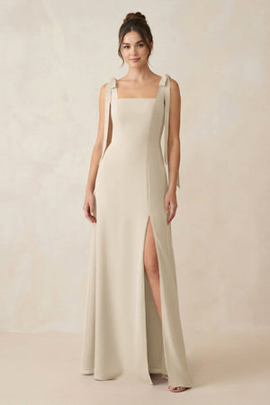 Square Neck Sheath Chiffon Bridesmaid Dress with Bow in Champagne - KissProm Bridesmaid Dresses