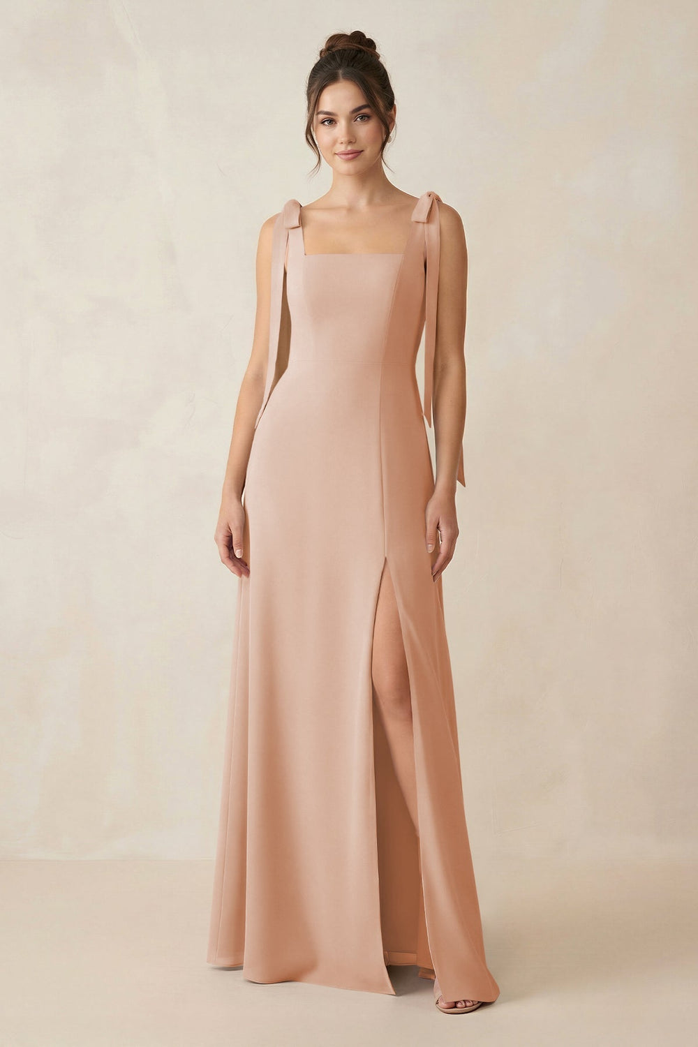 Square Neck Sheath Chiffon Bridesmaid Dress with Bow in Champagne Rose - KissProm Bridesmaid Dresses