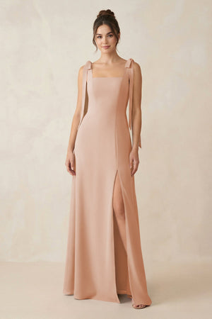 Square Neck Sheath Chiffon Bridesmaid Dress with Bow in Champagne Rose - KissProm Bridesmaid Dresses