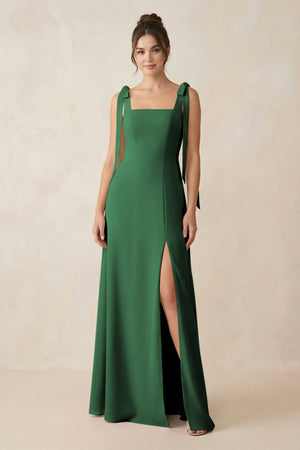 Square Neck Sheath Chiffon Bridesmaid Dress with Bow in Dark Green - KissProm Bridesmaid Dresses