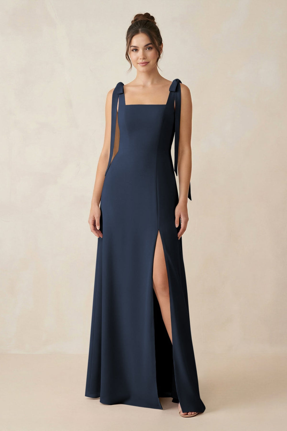 Square Neck Sheath Chiffon Bridesmaid Dress with Bow in Dark Navy - KissProm Bridesmaid Dresses