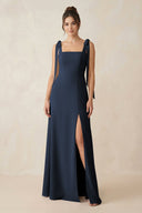 Square Neck Sheath Chiffon Bridesmaid Dress with Bow in Dark Navy - KissProm Bridesmaid Dresses