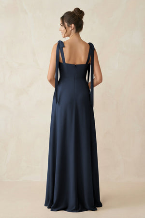 Square Neck Sheath Chiffon Bridesmaid Dress with Bow in Dark Navy - KissProm Bridesmaid Dresses