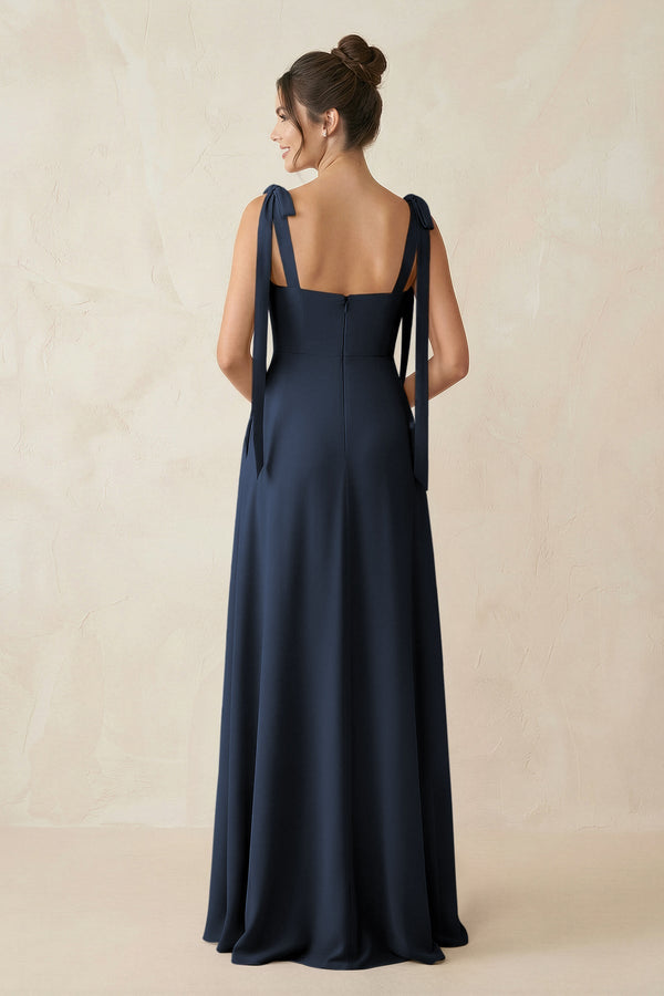 Square Neck Sheath Chiffon Bridesmaid Dress with Bow in Dark Navy - KissProm Bridesmaid Dresses