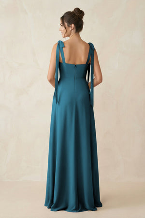 Square Neck Sheath Chiffon Bridesmaid Dress with Bow in Dark Teal - KissProm Bridesmaid Dresses