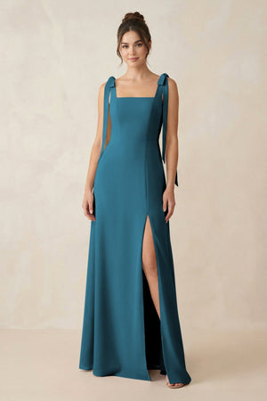 Square Neck Sheath Chiffon Bridesmaid Dress with Bow in Dark Teal - KissProm Bridesmaid Dresses
