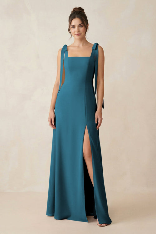 Square Neck Sheath Chiffon Bridesmaid Dress with Bow in Dark Teal - KissProm Bridesmaid Dresses