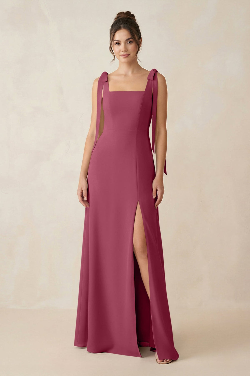 Square Neck Sheath Chiffon Bridesmaid Dress with Bow in Desert Rose - KissProm Bridesmaid Dresses