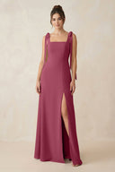 Square Neck Sheath Chiffon Bridesmaid Dress with Bow in Desert Rose - KissProm Bridesmaid Dresses
