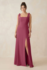 Square Neck Sheath Chiffon Bridesmaid Dress with Bow in Desert Rose - KissProm Bridesmaid Dresses