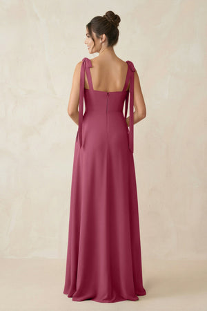 Square Neck Sheath Chiffon Bridesmaid Dress with Bow in Desert Rose - KissProm Bridesmaid Dresses