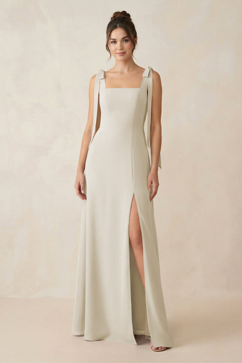 Square Neck Sheath Chiffon Bridesmaid Dress with Bow in Dove Gray - KissProm Bridesmaid Dresses