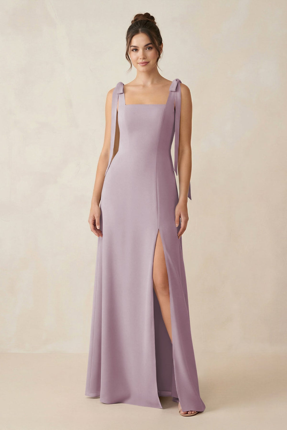 Square Neck Sheath Chiffon Bridesmaid Dress with Bow in Dusk - KissProm Bridesmaid Dresses