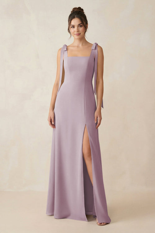 Square Neck Sheath Chiffon Bridesmaid Dress with Bow in Dusk - KissProm Bridesmaid Dresses