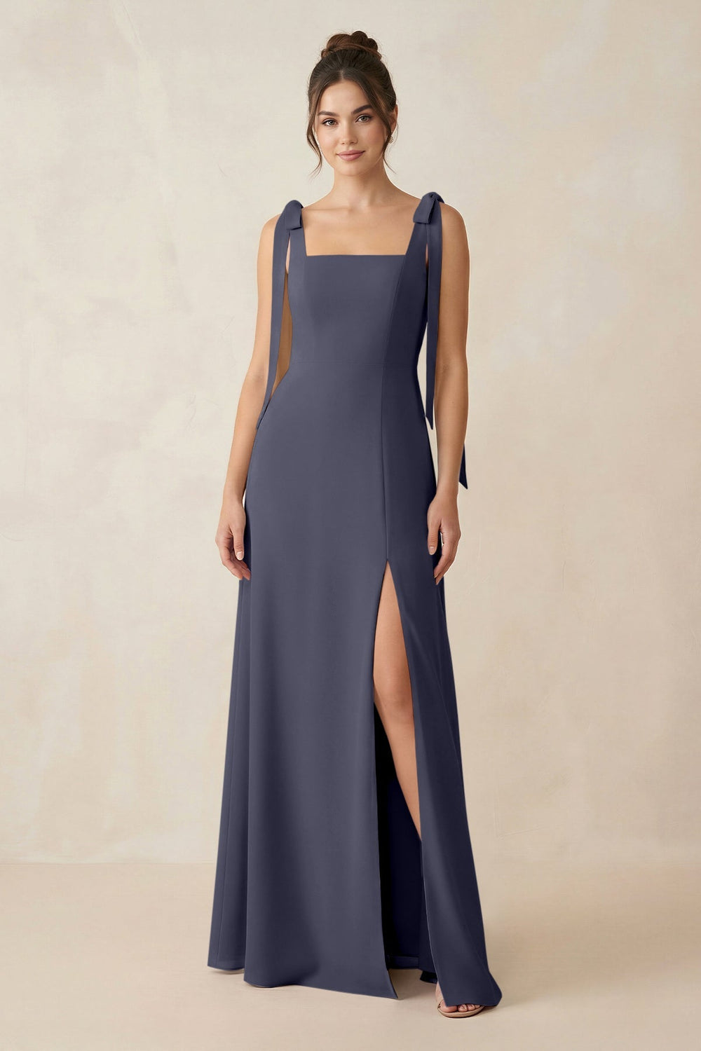Square Neck Sheath Chiffon Bridesmaid Dress with Bow in Dusk Blue - KissProm Bridesmaid Dresses