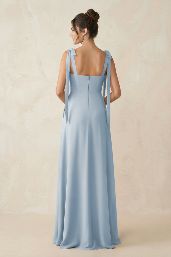 Square Neck Sheath Chiffon Bridesmaid Dress with Bow in Dusty Blue - KissProm Bridesmaid Dresses