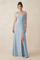 Square Neck Sheath Chiffon Bridesmaid Dress with Bow in Dusty Blue - KissProm Bridesmaid Dresses