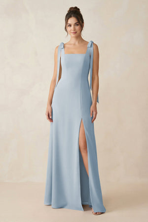 Square Neck Sheath Chiffon Bridesmaid Dress with Bow in Dusty Blue - KissProm Bridesmaid Dresses