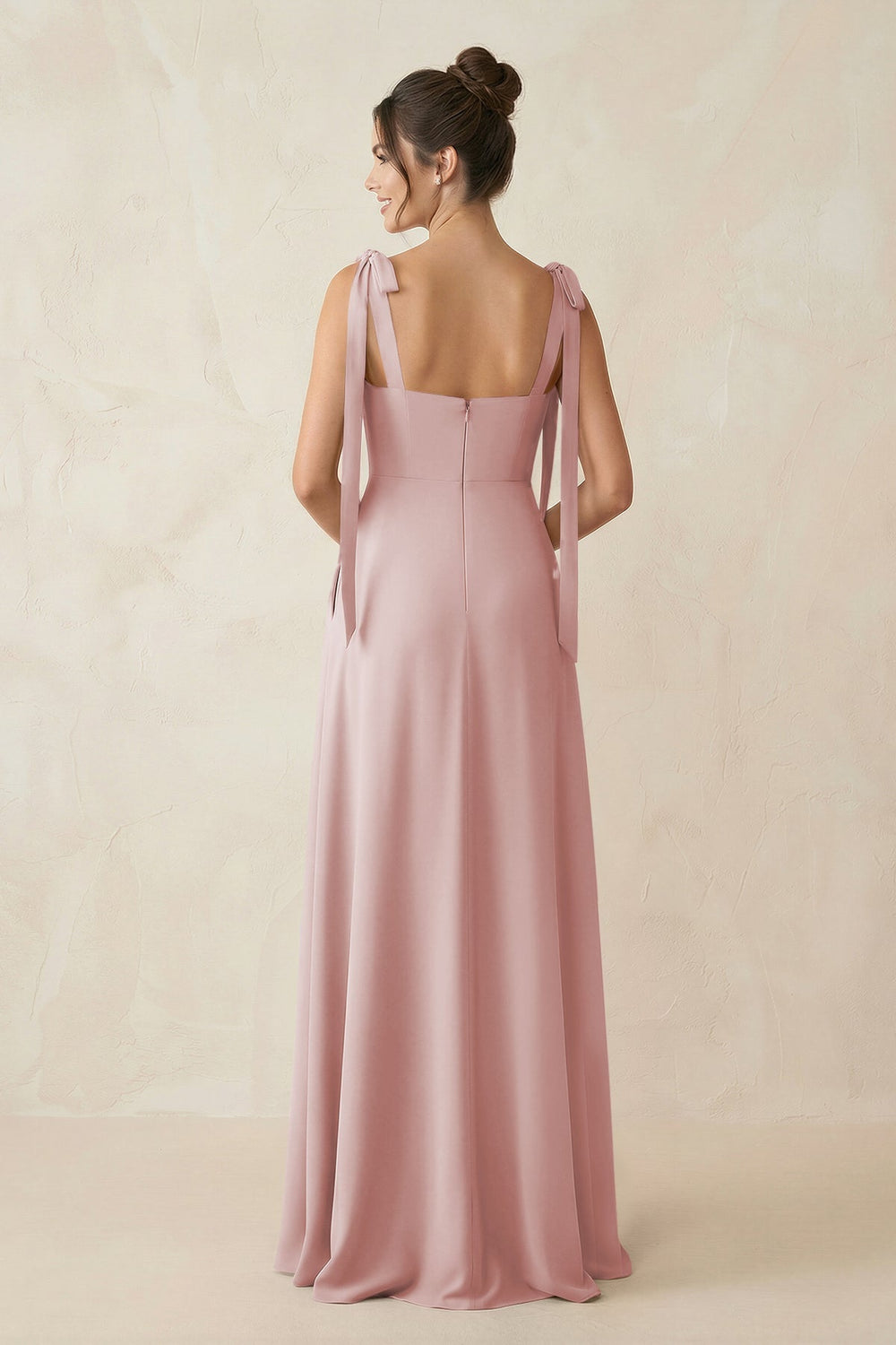 Square Neck Sheath Chiffon Bridesmaid Dress with Bow in Dusty Rose - KissProm Bridesmaid Dresses