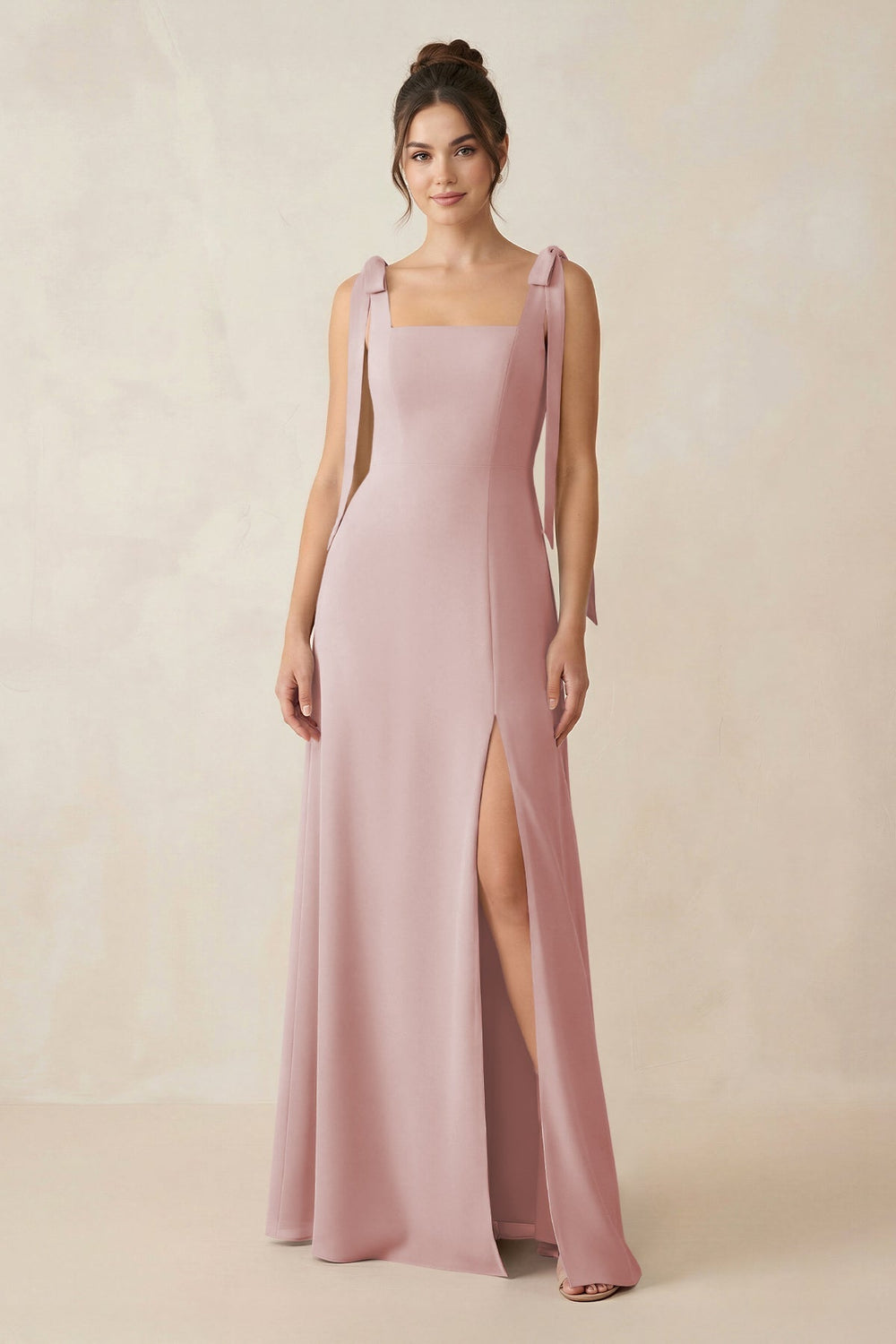 Square Neck Sheath Chiffon Bridesmaid Dress with Bow in Dusty Rose - KissProm Bridesmaid Dresses