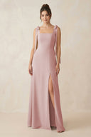 Square Neck Sheath Chiffon Bridesmaid Dress with Bow in Dusty Rose - KissProm Bridesmaid Dresses