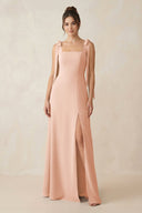 Square Neck Sheath Chiffon Bridesmaid Dress with Bow in English Rose - KissProm Bridesmaid Dresses