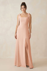 Square Neck Sheath Chiffon Bridesmaid Dress with Bow in English Rose - KissProm Bridesmaid Dresses