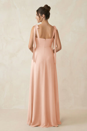 Square Neck Sheath Chiffon Bridesmaid Dress with Bow in English Rose - KissProm Bridesmaid Dresses