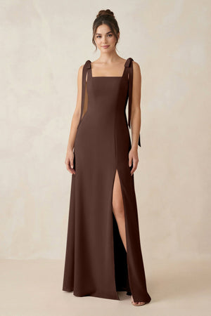 Square Neck Sheath Chiffon Bridesmaid Dress with Bow in Espresso - KissProm Bridesmaid Dresses