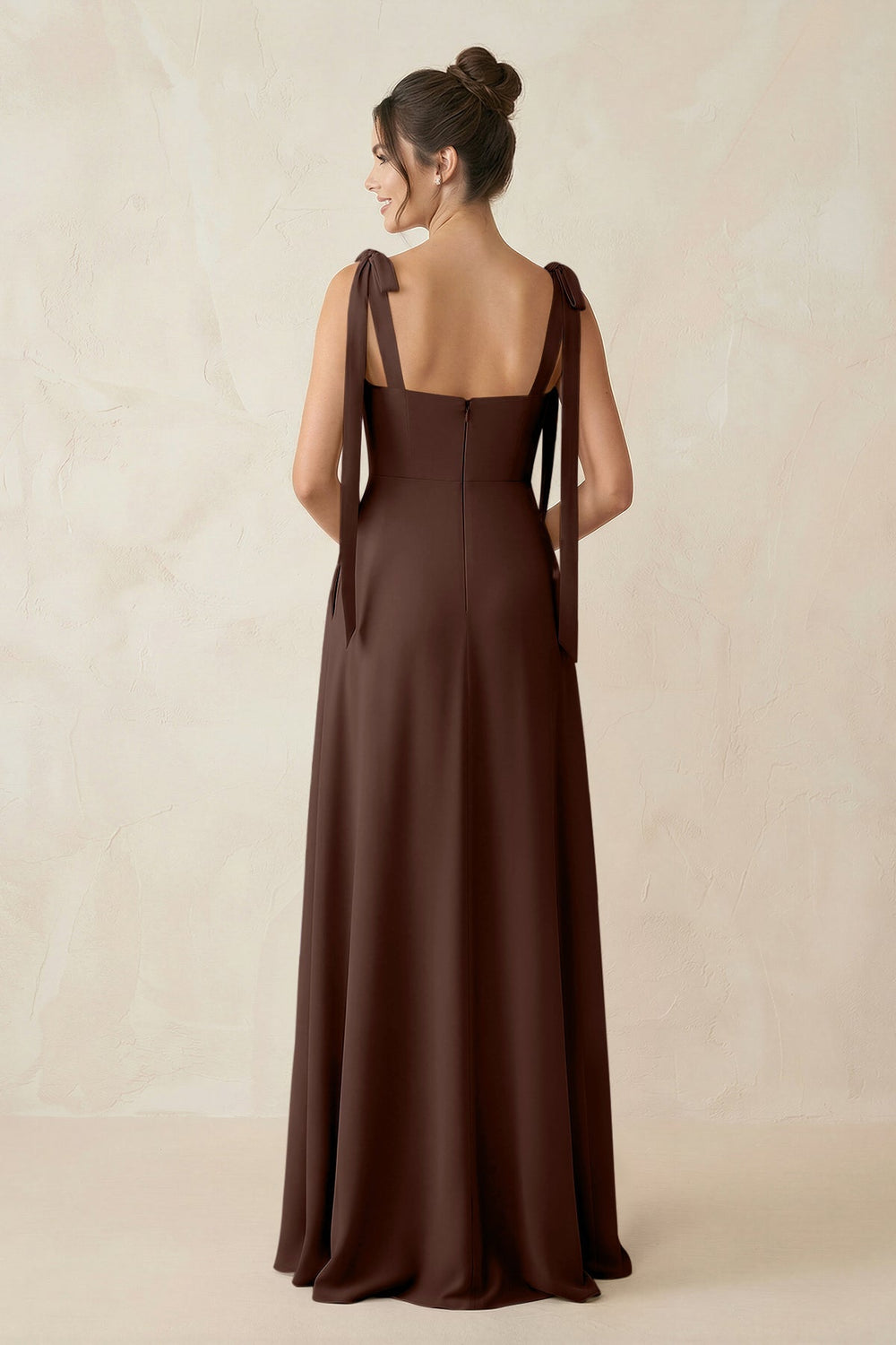 Square Neck Sheath Chiffon Bridesmaid Dress with Bow in Espresso - KissProm Bridesmaid Dresses