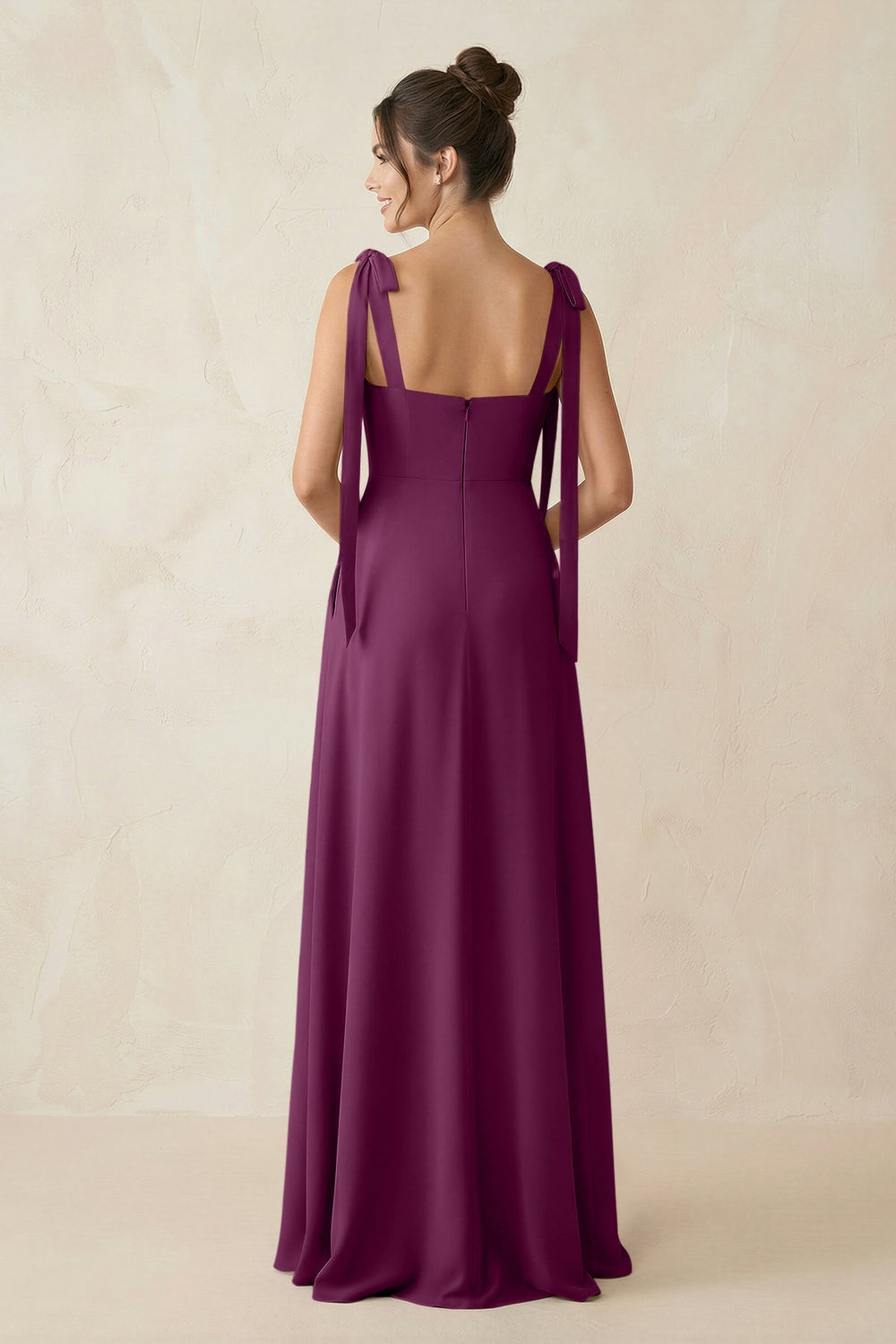 Square Neck Sheath Chiffon Bridesmaid Dress with Bow in Fig - KissProm Bridesmaid Dresses