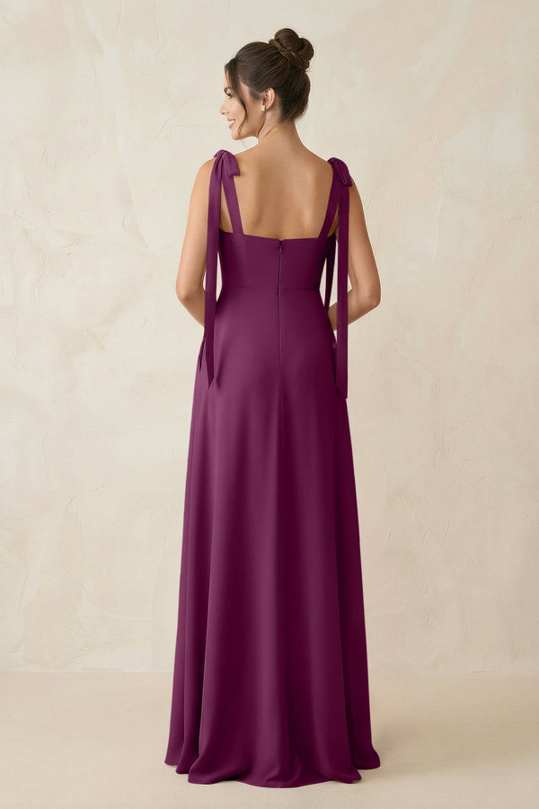 Square Neck Sheath Chiffon Bridesmaid Dress with Bow in Fig - KissProm Bridesmaid Dresses