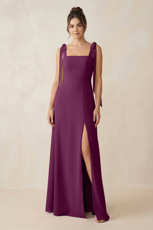Square Neck Sheath Chiffon Bridesmaid Dress with Bow in Fig - KissProm Bridesmaid Dresses