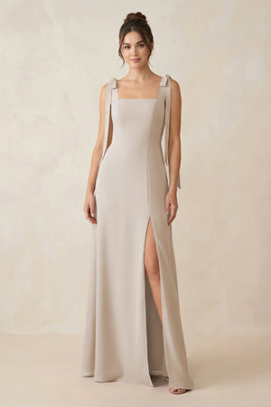 Square Neck Sheath Chiffon Bridesmaid Dress with Bow in Frost - KissProm Bridesmaid Dresses