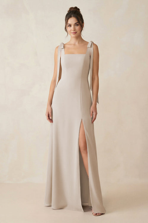 Square Neck Sheath Chiffon Bridesmaid Dress with Bow in Frost - KissProm Bridesmaid Dresses