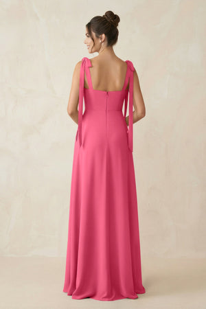 Square Neck Sheath Chiffon Bridesmaid Dress with Bow in Fuchsia - KissProm Bridesmaid Dresses