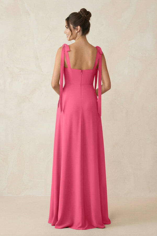 Square Neck Sheath Chiffon Bridesmaid Dress with Bow in Fuchsia - KissProm Bridesmaid Dresses