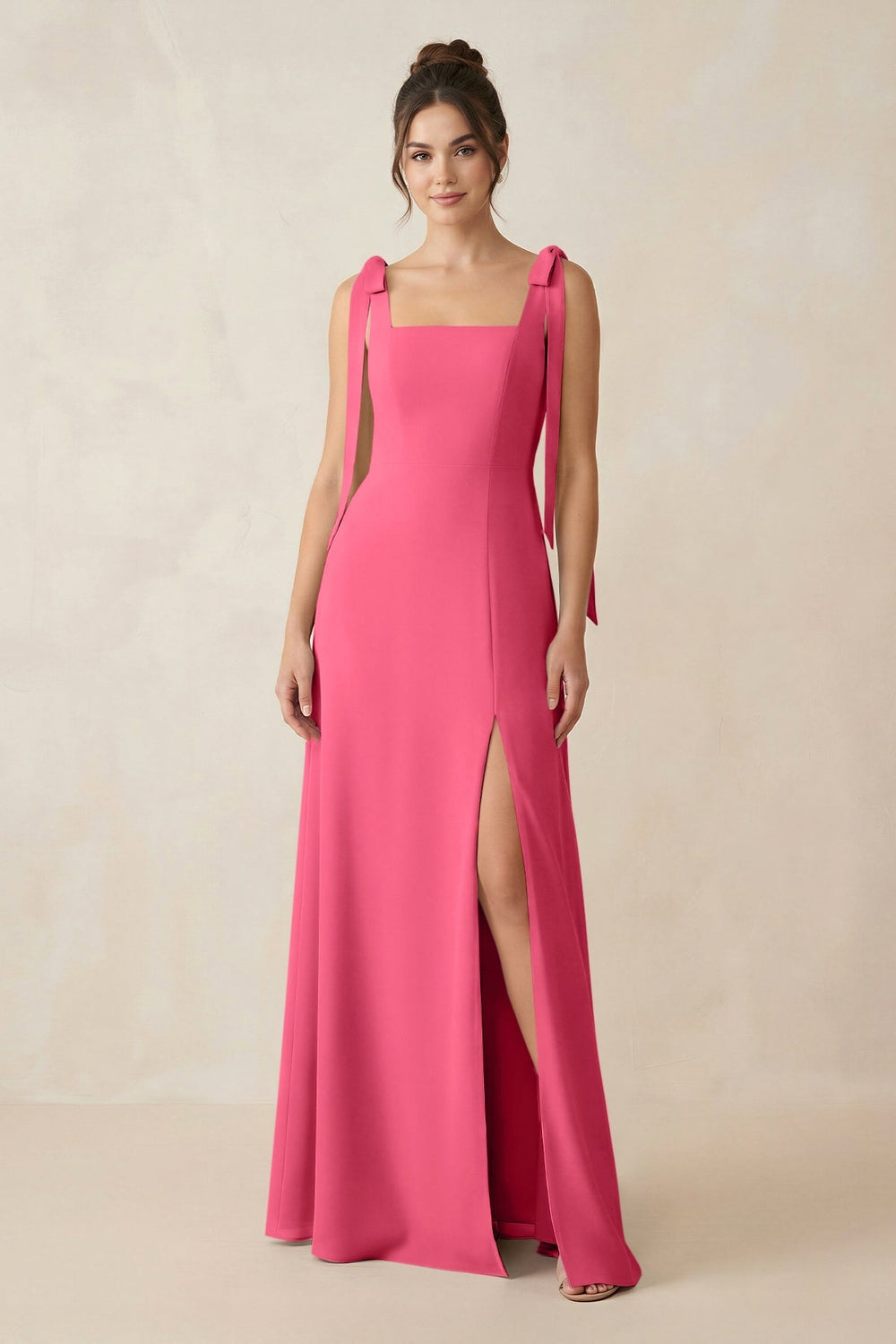 Square Neck Sheath Chiffon Bridesmaid Dress with Bow in Fuchsia - KissProm Bridesmaid Dresses