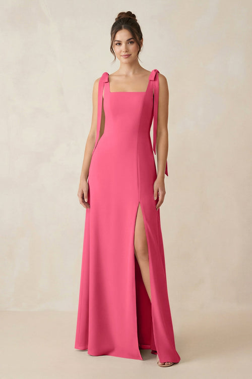 Square Neck Sheath Chiffon Bridesmaid Dress with Bow in Fuchsia - KissProm Bridesmaid Dresses