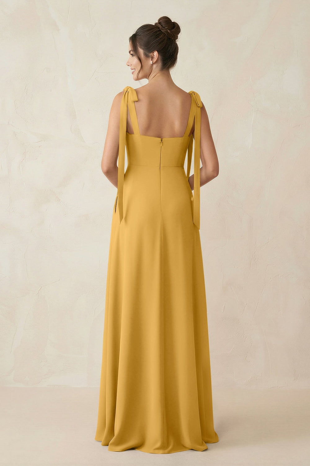 Square Neck Sheath Chiffon Bridesmaid Dress with Bow in Marigold - KissProm Bridesmaid Dresses
