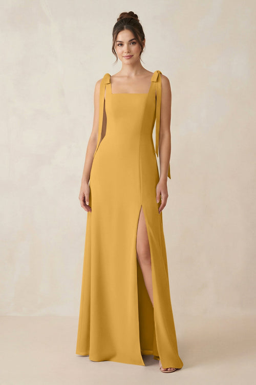 Square Neck Sheath Chiffon Bridesmaid Dress with Bow in Marigold - KissProm Bridesmaid Dresses