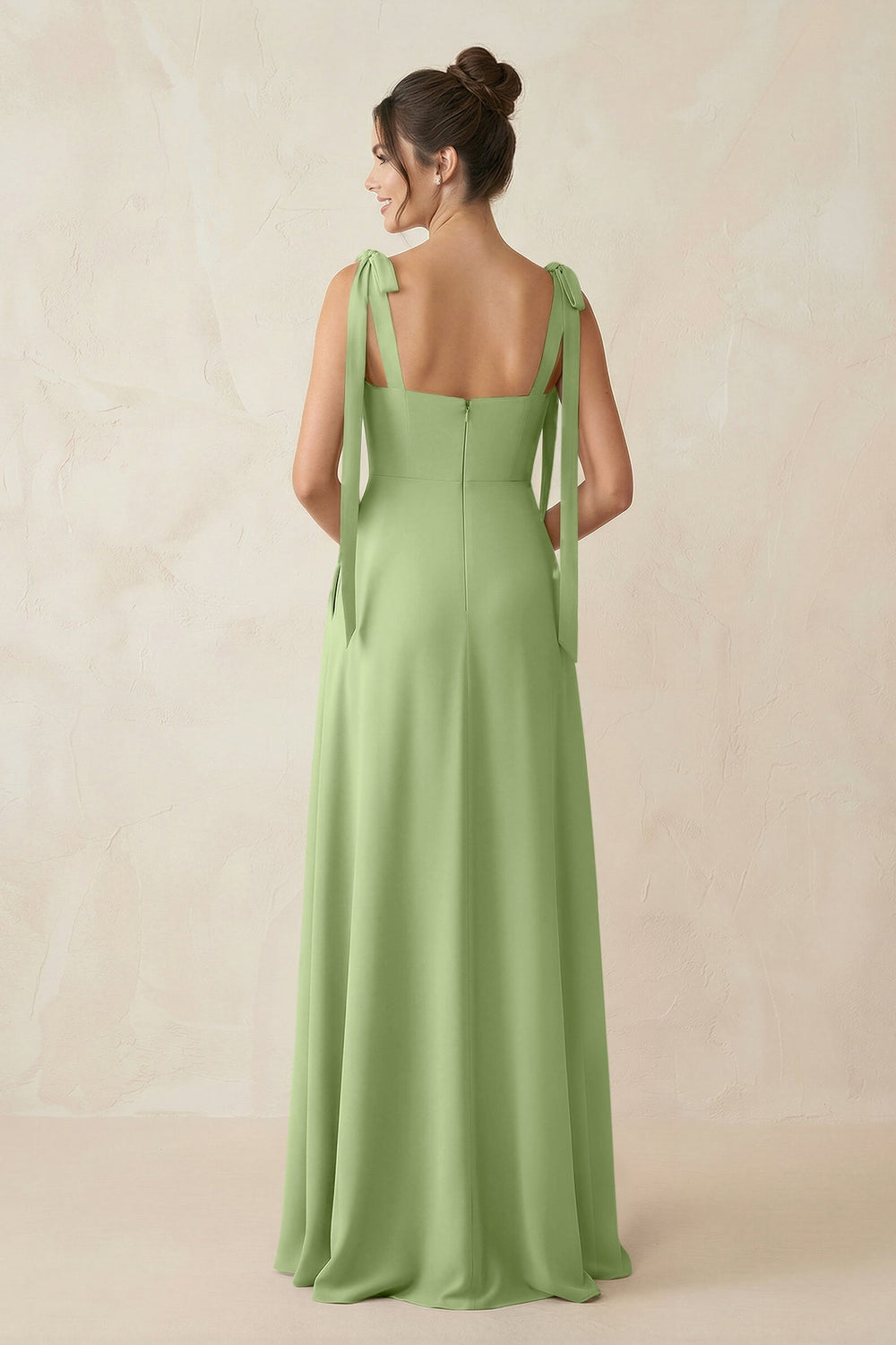 Square Neck Sheath Chiffon Bridesmaid Dress with Bow in Matcha - KissProm Bridesmaid Dresses