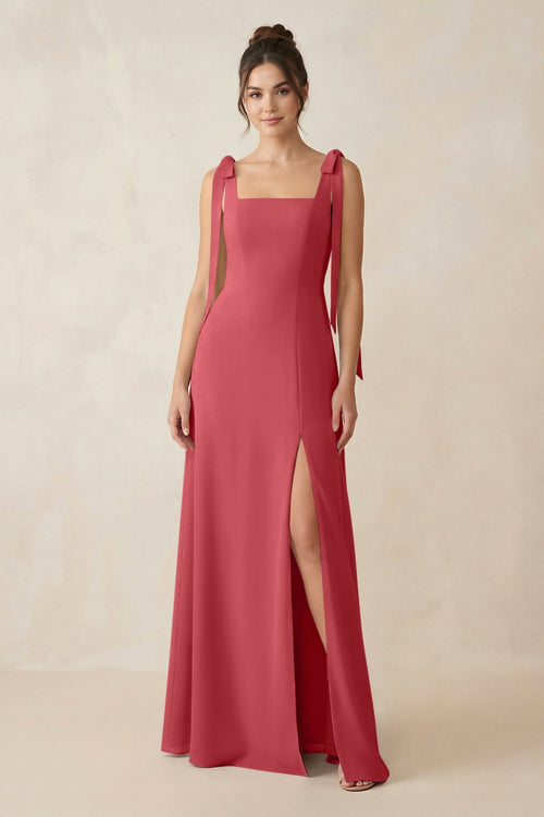 Square Neck Sheath Chiffon Bridesmaid Dress with Bow in Merlot - KissProm Bridesmaid Dresses